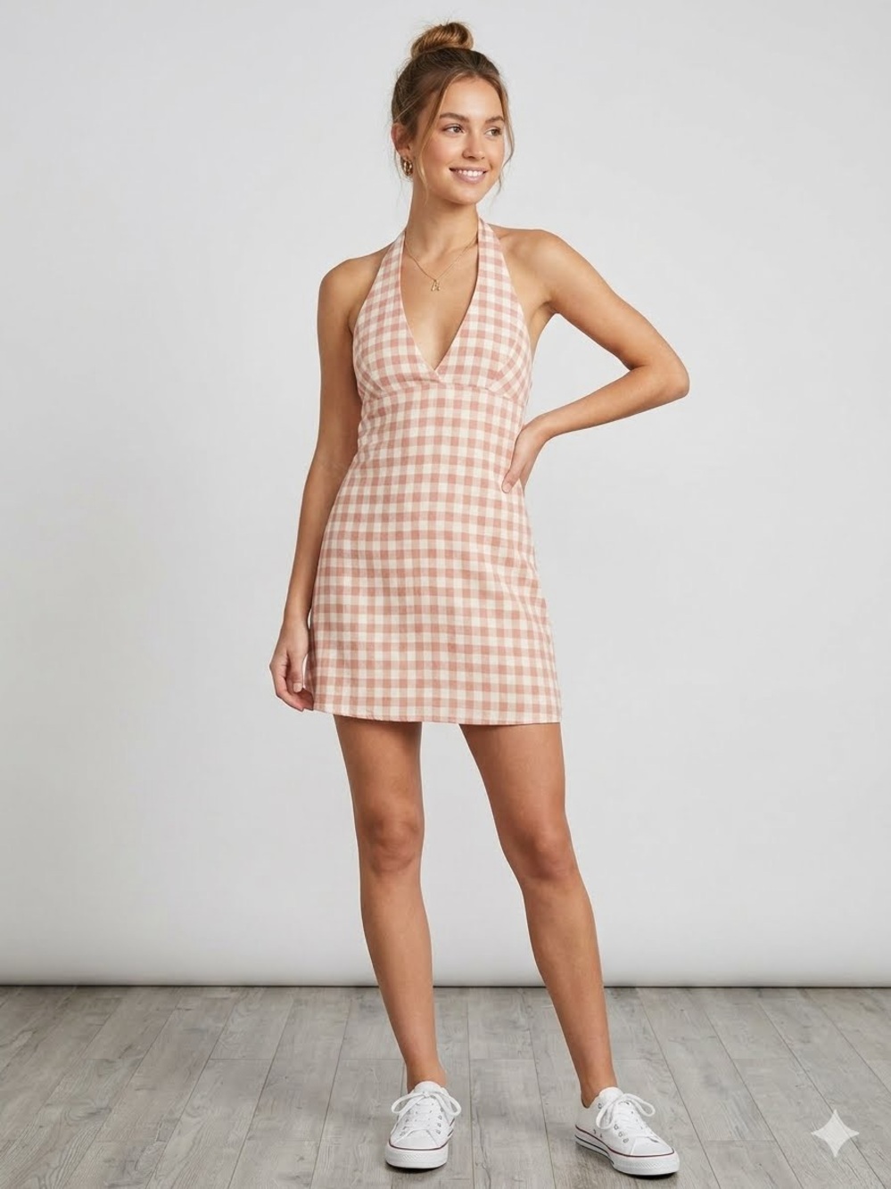 Zara Gingham Check Halter Mini Dress Peach Pink White Size Medium